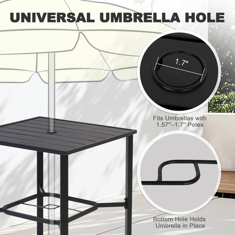 Outdoor 3-Piece Textilene Bar Set, Height Back Bar Stools and Umbrella Hole, Black and Gray