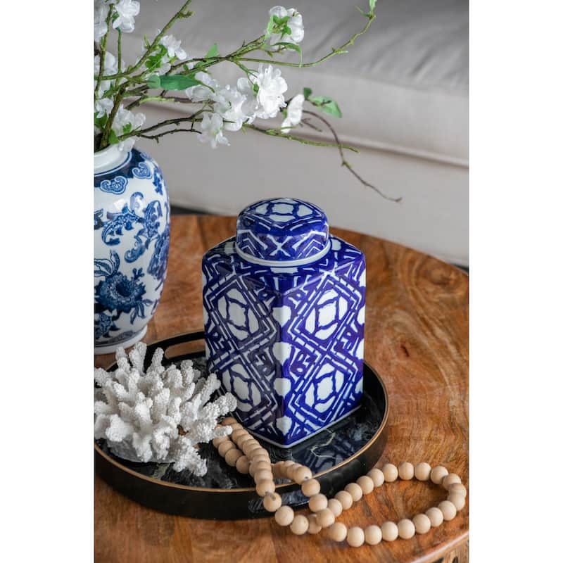 5.3x5.3x10" Valora Blue and White Square Lidded Jar