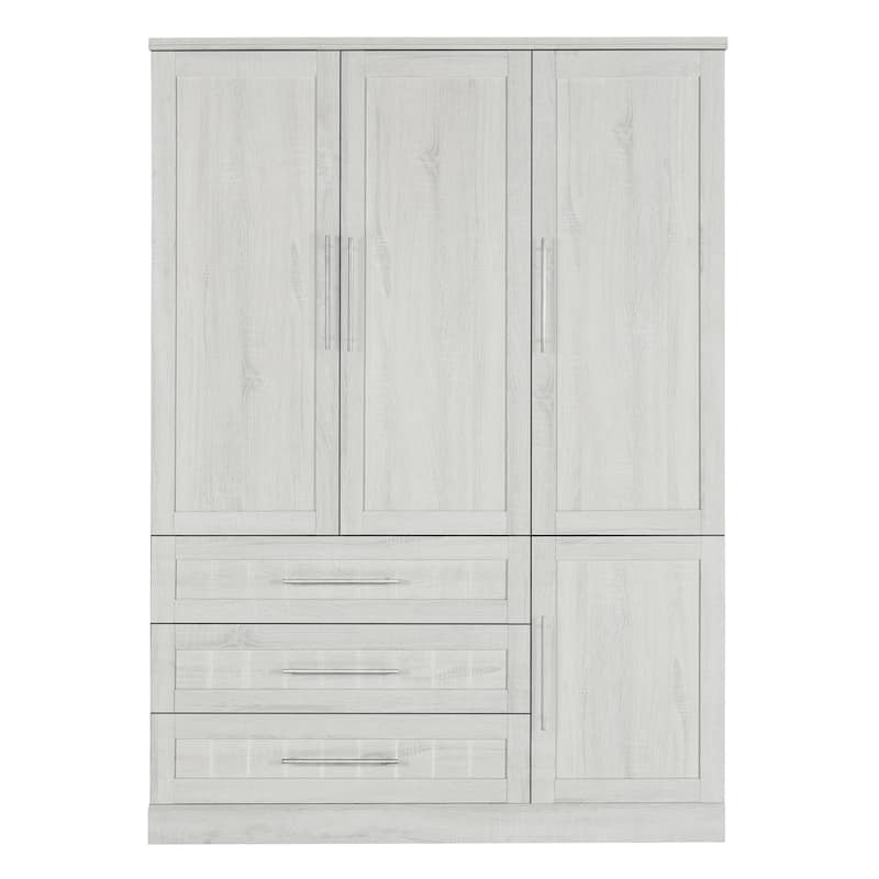 4 Door Wardrobe Closet, Bedroom Wooden Armoire Cabinet with 3 Drawers, Shelves & Hanging Rod