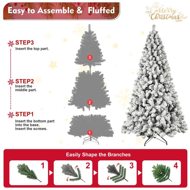 Pre-Lit Flocked Artificial Tree - UL Warm White Lights, Auto-Unfold Memory Wire, Metal Stand - Green,White