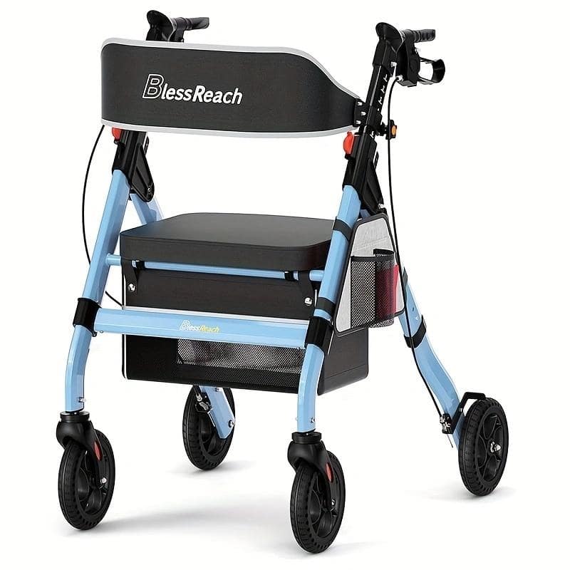 Foldable Rollator Walkers with Seat for Seniors, 450 lb Capacity, 8" Wheels, 18" Big Seat, 6-Position Adjustable Height - Blue