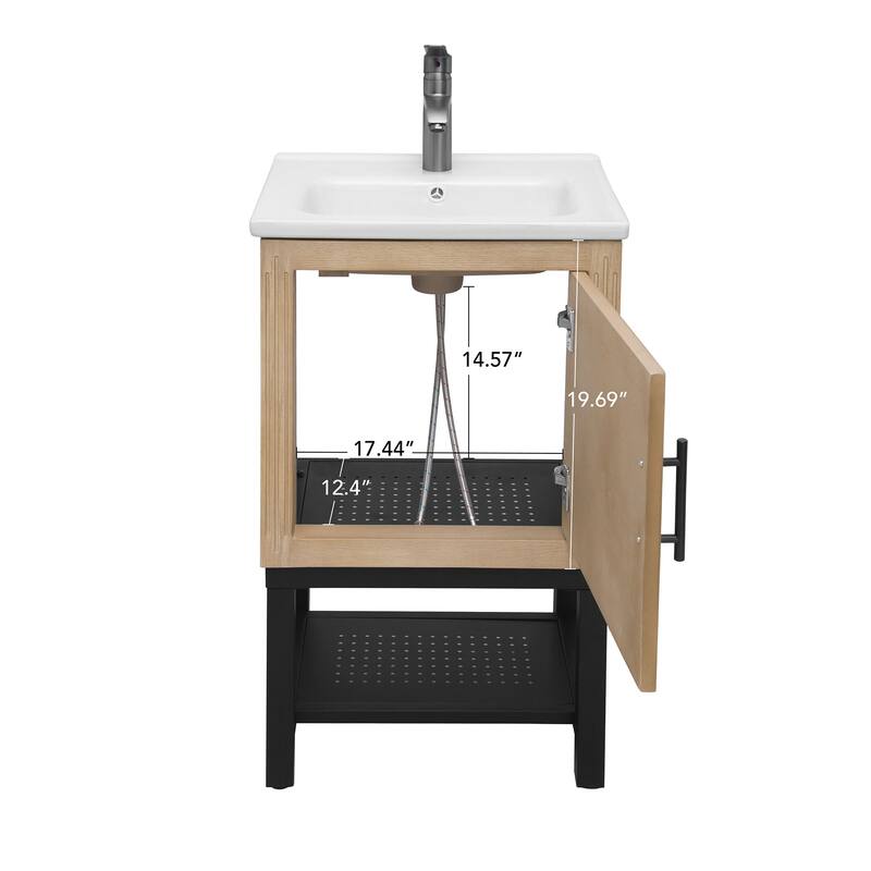 GDFStudio - CompactLine Modern Freestanding Bathroom Vanity with Ceramic Sink and Open Metal Shelf - 20 Inch