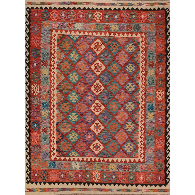 Kilim Oriental Area Rug Hand-Woven Orange Wool Carpet - 8'1" x 9'10"
