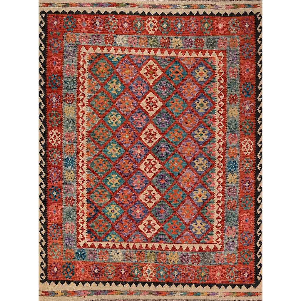 Kilim Oriental Area Rug Hand-Woven Orange Wool Carpet - 8'1" x 9'10"