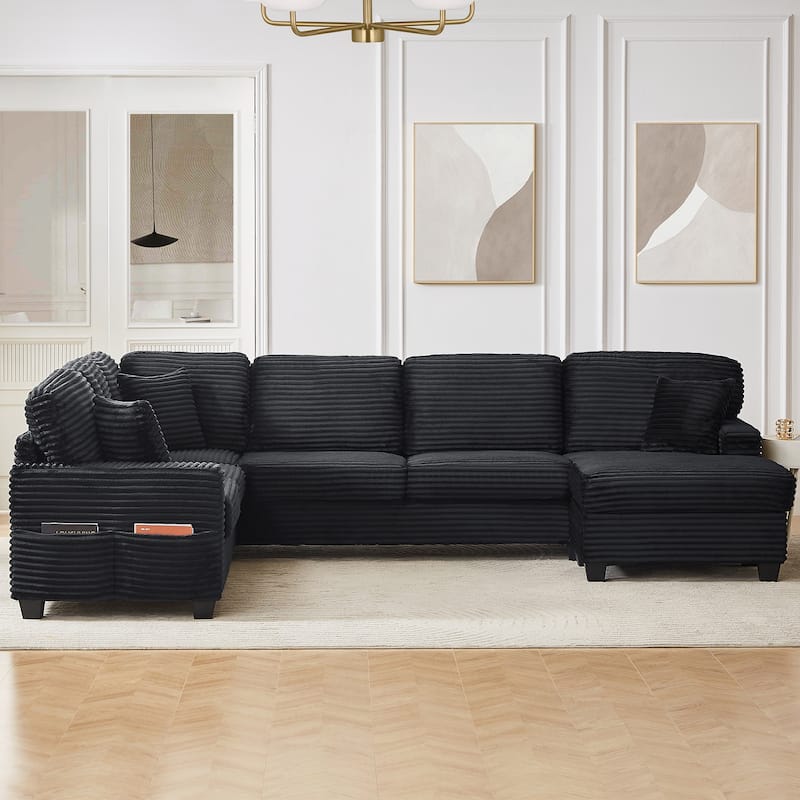 Roomfitters U-Shaped Upholstered Sectional Sofa with Movable Ottoman and Side Storage Pockets for Living Room