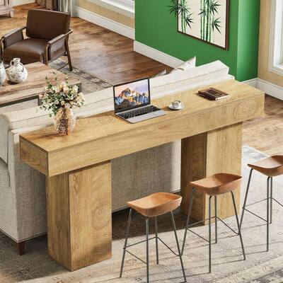 Brown MDF Console Table with Tree-Ring Top and Industrial Pedestal Base - 62.99” L x 13.78 W x 33.46 H