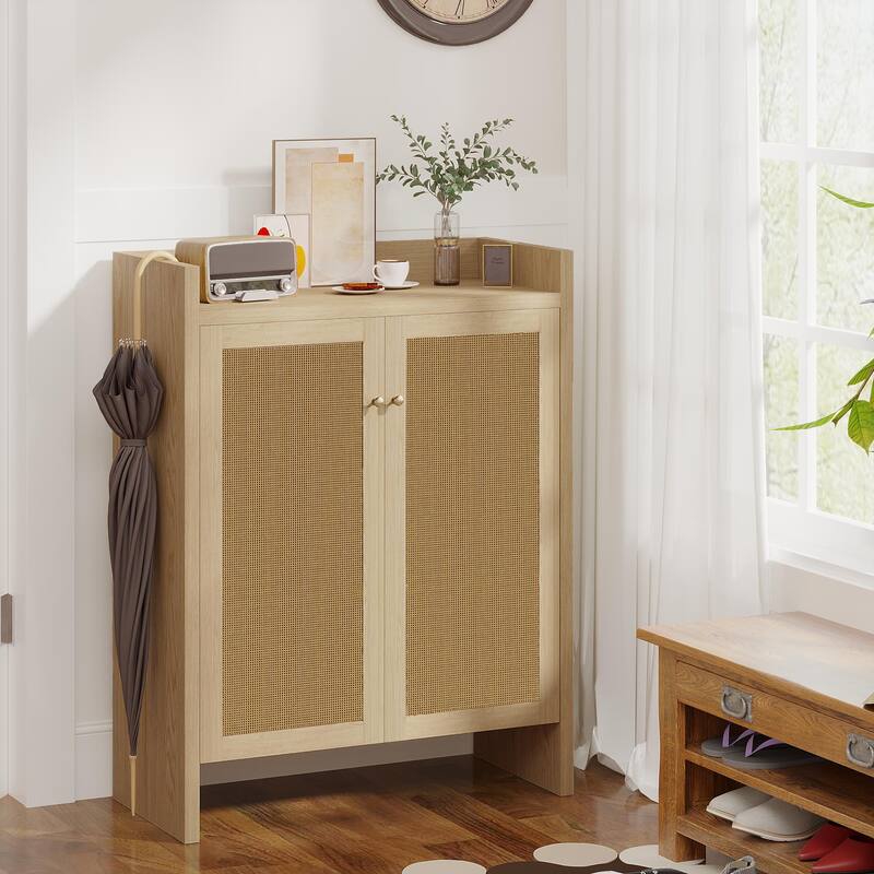 Anmytek Walnut Rattan Shoe Cabinet with Doors and 6 Tier Adjustable Shelves Wooden Entryway Shoe Organizer