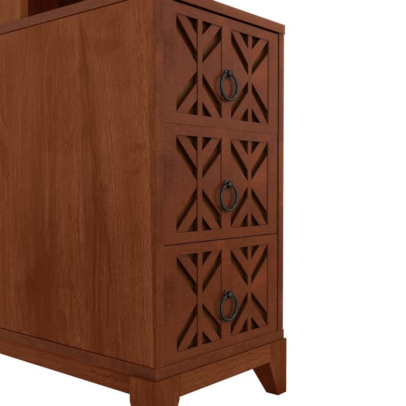 Tall Nightstand with Charging Station, Narrow Sofa Side Table with 3 Drawers & 2 Open Shelves, Solid Wood Entryway Accent Table