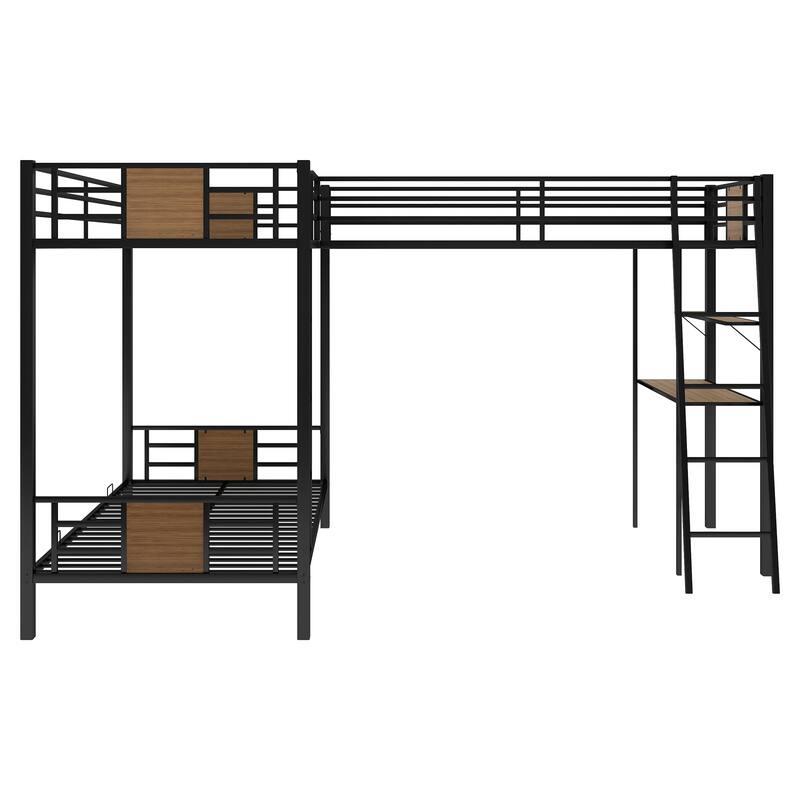 L-Shaped Twin over Twin Metal Bunk Bed Frame w/Built-in Desk & Shelves