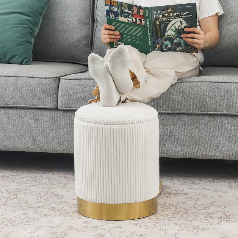 Adeco Round Storage Ottoman Footrest Stool Velvet Gold Plating Base