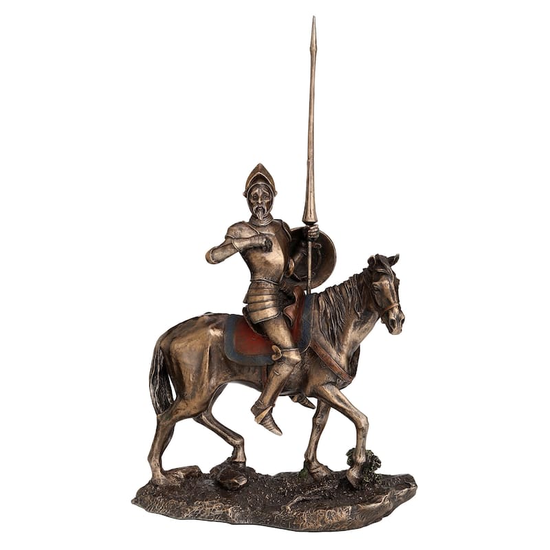 13.39" H DON QUIXOTE WEARING FULL ARMOR ON HORSE WITH LANCE AND SHIELD (MBZ+COLOR) Cold Cast Bronze - 3.35"x8.27"x13.39"
