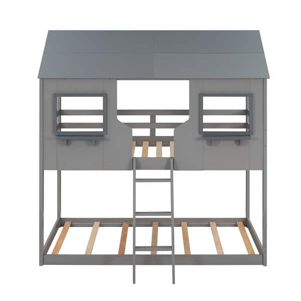 slide 2 of 9, 82.2" Height Bunk Bed Wood Bed with Roof, Window, Guardrail, Ladder Grey - Twin