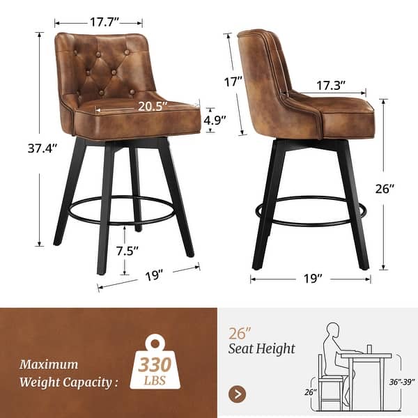 dimension image slide 2 of 6, Modern 26 in. Counter Height Barstools 360 Free Swivel Set of 4 Bar Stools with Back