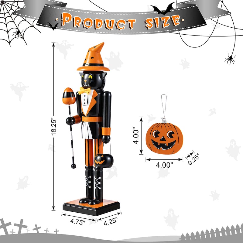 Glitzhome 18.50"H Halloween Wood Black Cat Witch Nutcracker with Jack-O-Lantern