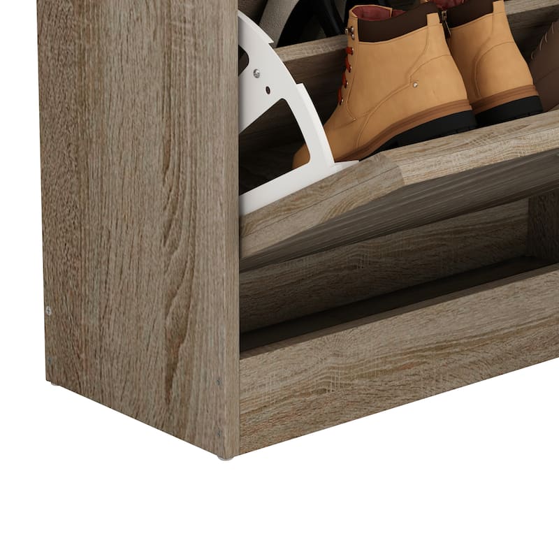 Timechee 12 Pair Shoe Storage Cabinet with 2 Drawers, Wood Color