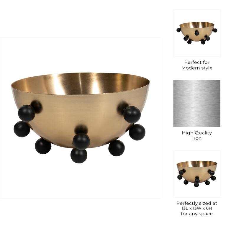 Sagebrook Home Metal Bowl Iron Round Shape with Black Ball Feet 12.76" Gold Metallic Finish - 12.75" x 12.76" x 6"