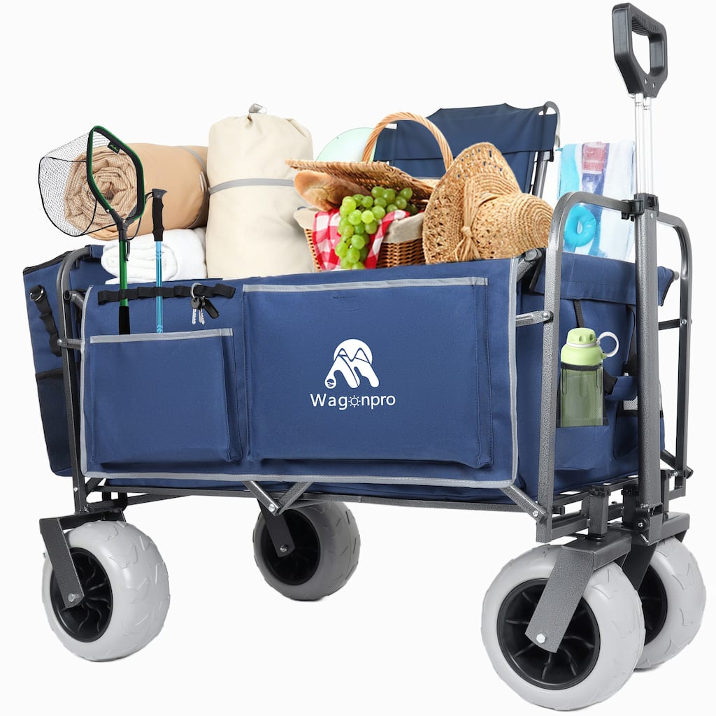 Heavy-Duty Beach Wagon with 9" Pneumatic Tires - 500lb Capacity All-Terrain Steel Cart, Dark Blue