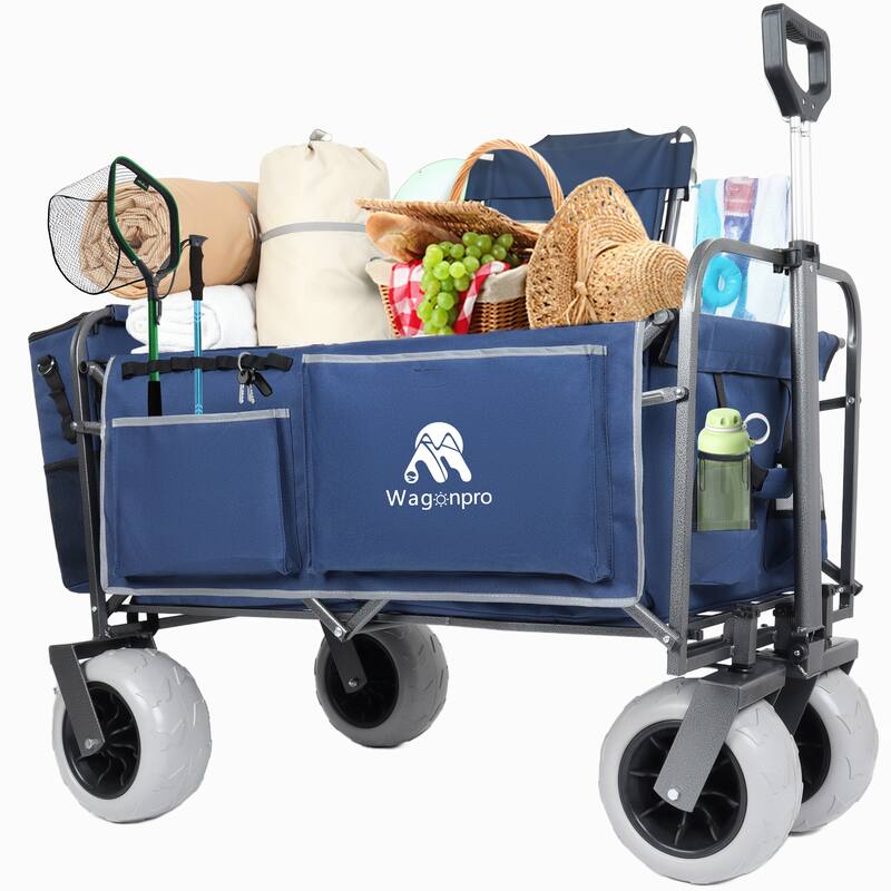 Heavy-Duty Beach Wagon with 9" Pneumatic Tires - 500lb Capacity All-Terrain Steel Cart, Dark Blue