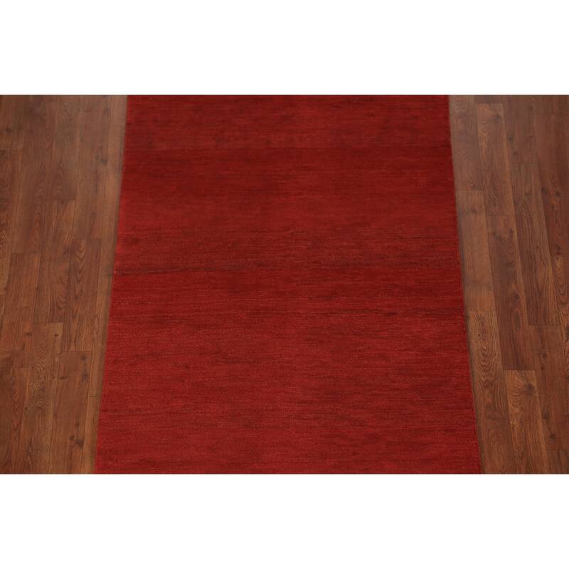 Red Modern Gabbeh Oriental Runner Rug Hand-Knotted Wool Carpet - 3'4" x 16'2"