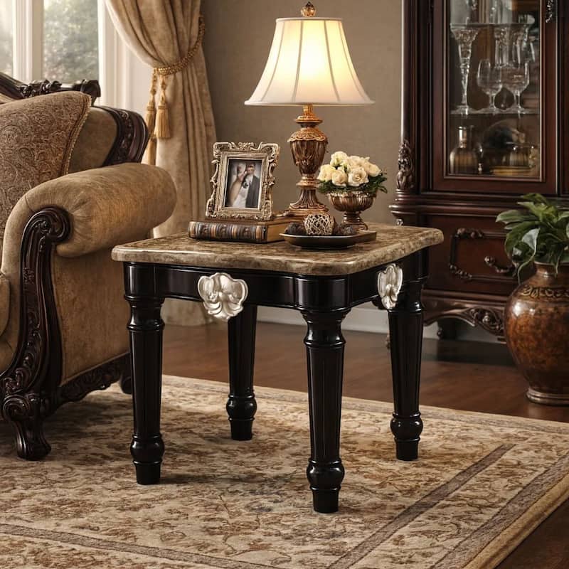 Marble Top End Table With Contrast Carved Motif Turned Wood Legs, Black