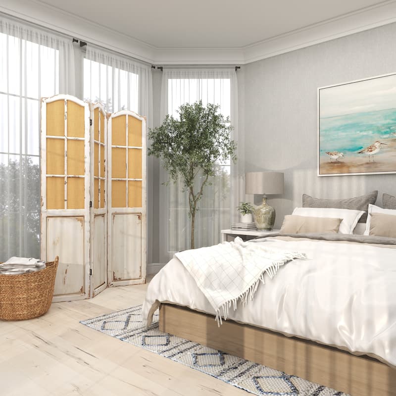 Beige Wood Hinged Foldable Partition 3 Panel Partition Room Divider Screen with Burlap Window Pane Design