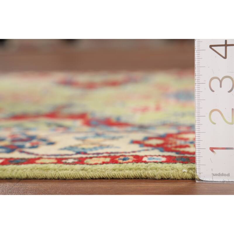 Pistachio Green Geometric Kazak Accent Rug Handmade Wool Carpet - 3'3" x 4'11"