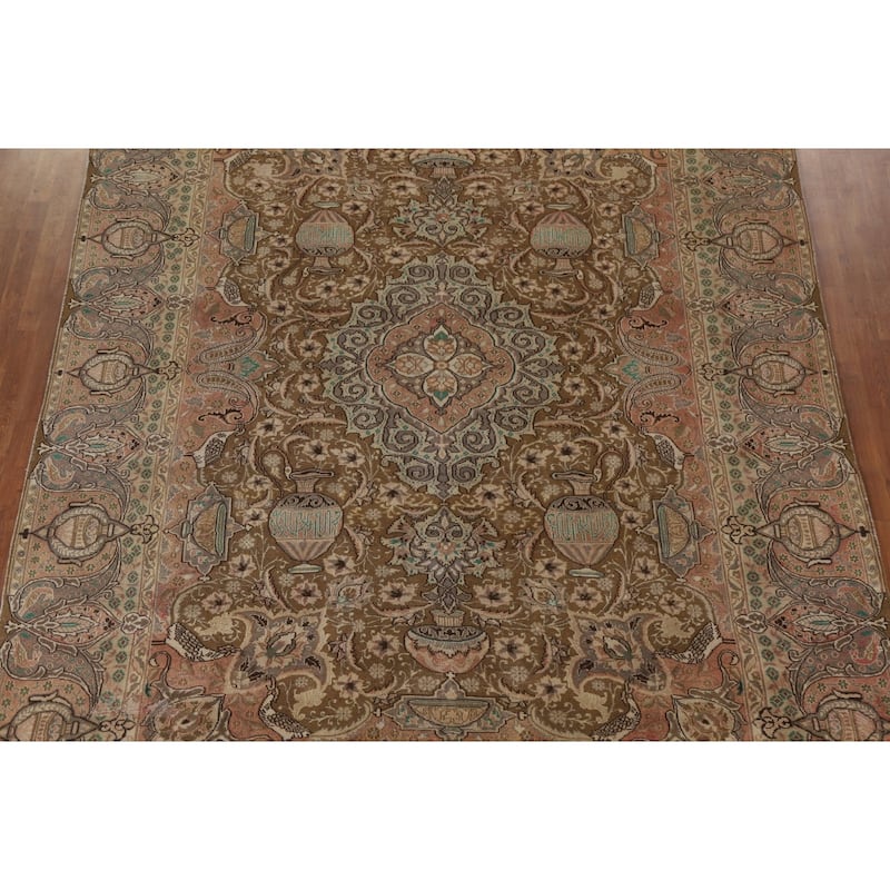 Hand Knotted Oriental 100% Wool Carpet Traditional Floral Brown Kashmar Area Rug - 12' 0'' X 9' 5''