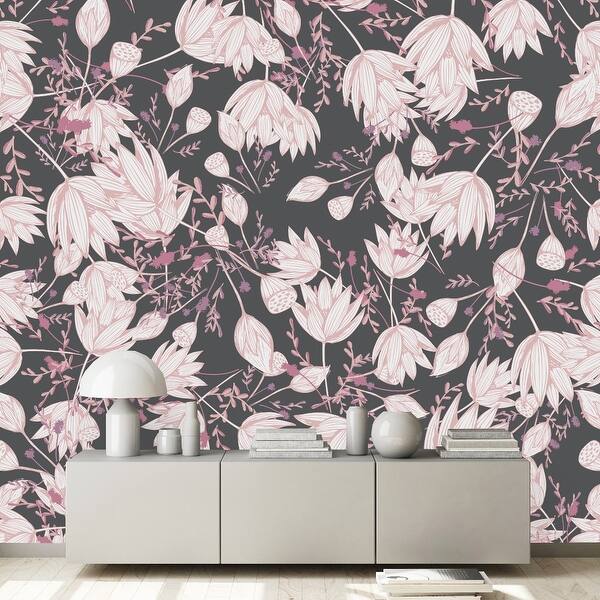 Grey Wallpaper with Pink Flowers Peel and Stick and Prepasted - Bed ...