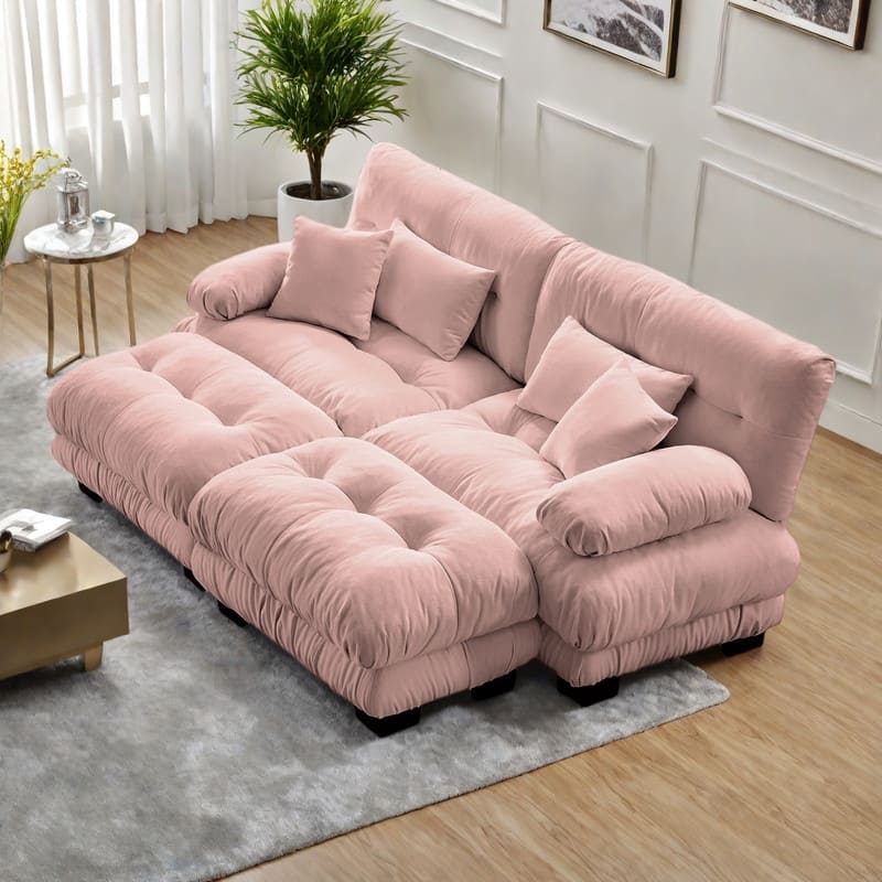 94.4" 2-Seater Chenille Cloud Couch with 4 Pillows and 2 Ottomans(Convertible Sleeper Sofa)