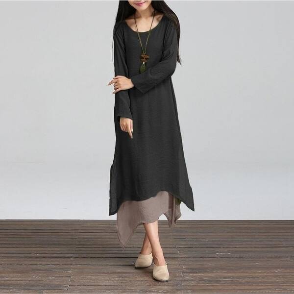 Shop 2018 Autumn Women Cotton Linen Vintage Dress Ladies O Neck