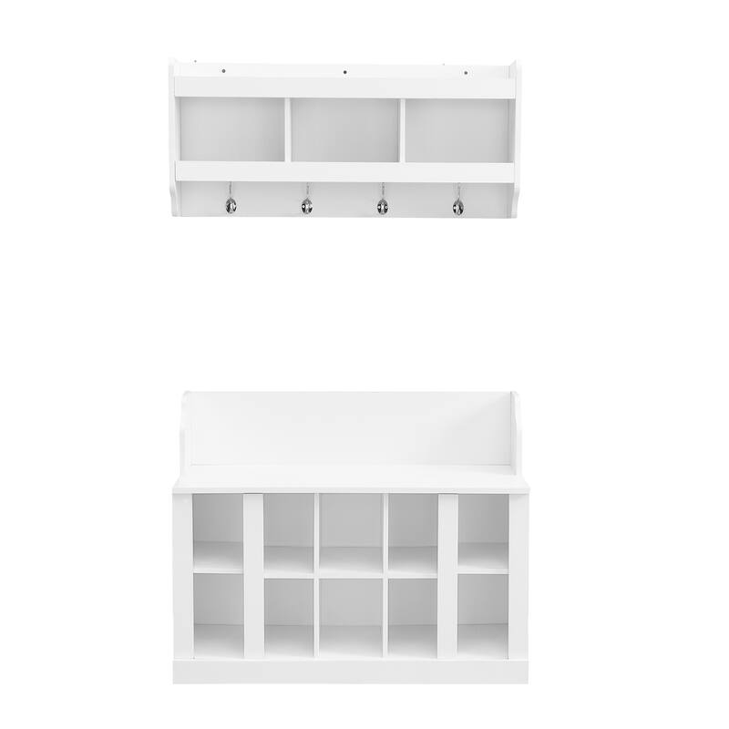 Shoe Storage Bench with Shelves and 4 Hooks, Elegant Entryway Bench with Wall Mounted Coat Rack for Foyer Hallway