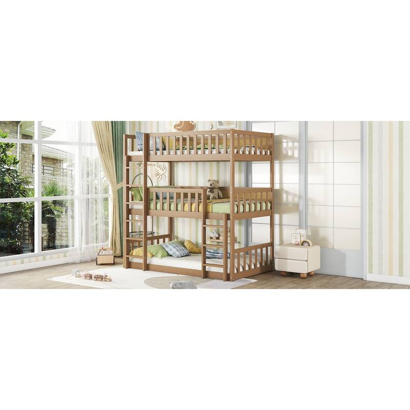 Roomfitters Twin Triple Bunk Bed, Rubber Wood Detachable Design with Ladders and Guardrails, Twin over Twin over Twin