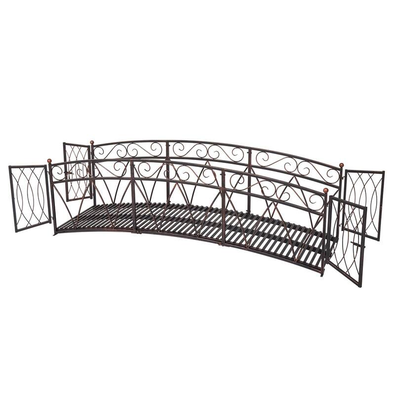 8 Ft Metal Garden Bridge w/Gate and Siderails, Long Iron Garden Arch Bridge Footbridge for Creek, Stream, Fish Pond, Black - Large