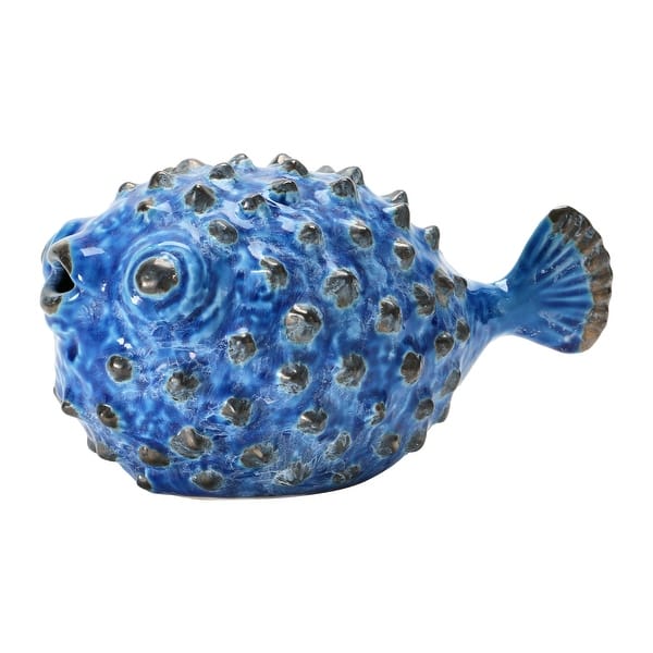 slide 1 of 9, Stoneware Puffer Fish, Blue Reactive Glaze (Each One Will Vary)