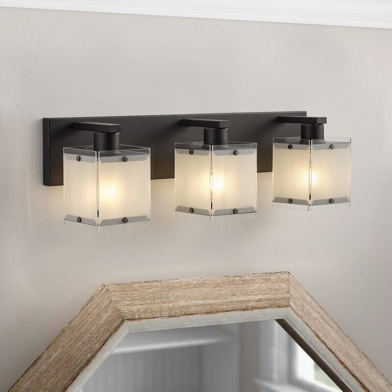Matte Black 3-Light Bathroom Vanity Lighting with Rectangular Frosted Glass Shades