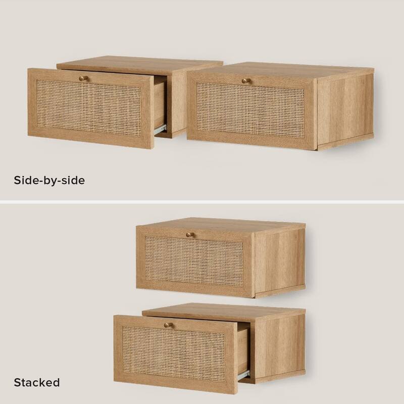 mopio Hannah Floating Nighstand, Natural Rattan Farmhouse Boho Wall Mounted Space Saving Bedside Tables, Nightstands