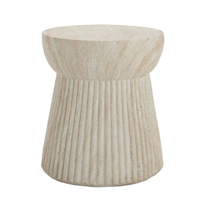 Roomfitters Outdoor Travertine Concrete Side Table with Fluted Base, Weather-Resistant Accent End Table, Beige