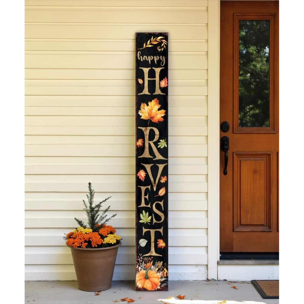 HomeRoots 72" Black Gold And Orange Solid Wood Happy Harvest Pumpkin Porch Sign