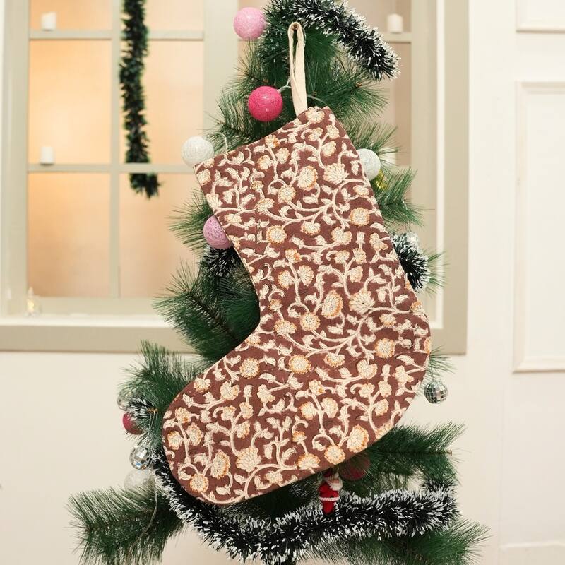 Fabdivine Handmade Floral Christmas Stockings Linen Block Print Décor - 10"X4.5"