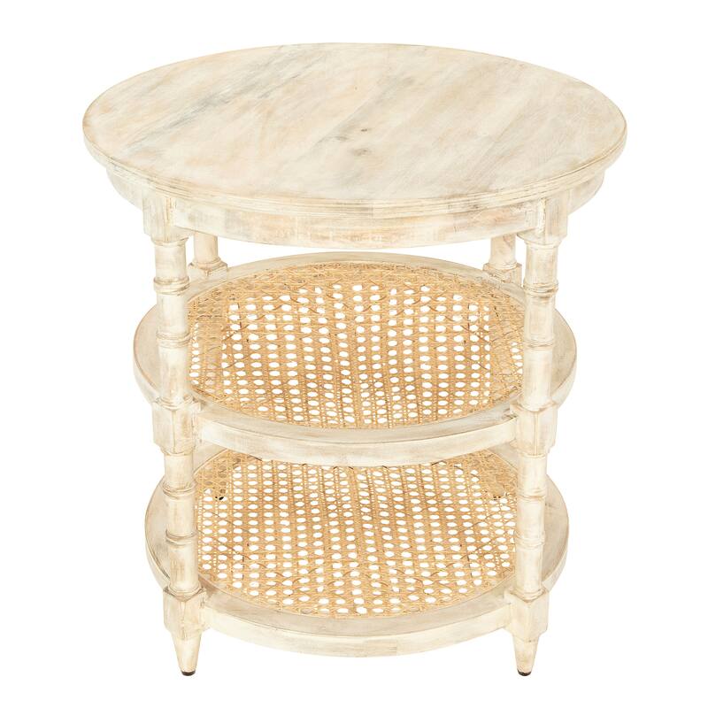 Round Mango Wood Table with 2 Cane Shelves