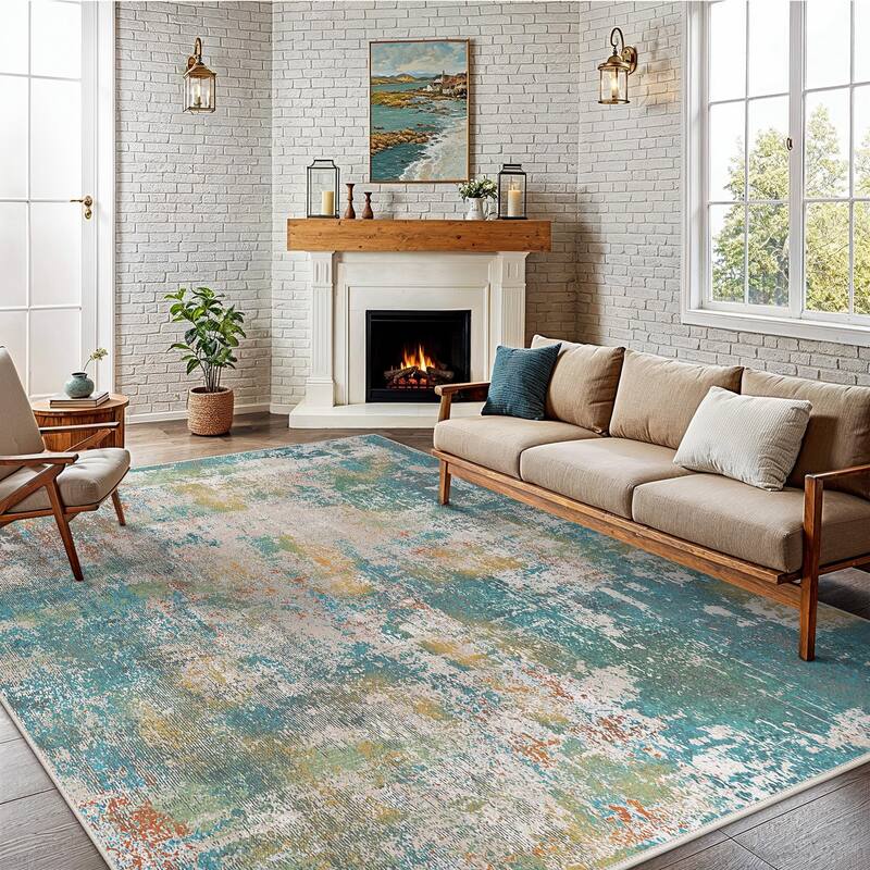 Mcow Abstract Taupe Collection Machine-Washable Non-Slip Area Rug - 8' x 10' - 8' x 10' - Teal - Rectangle