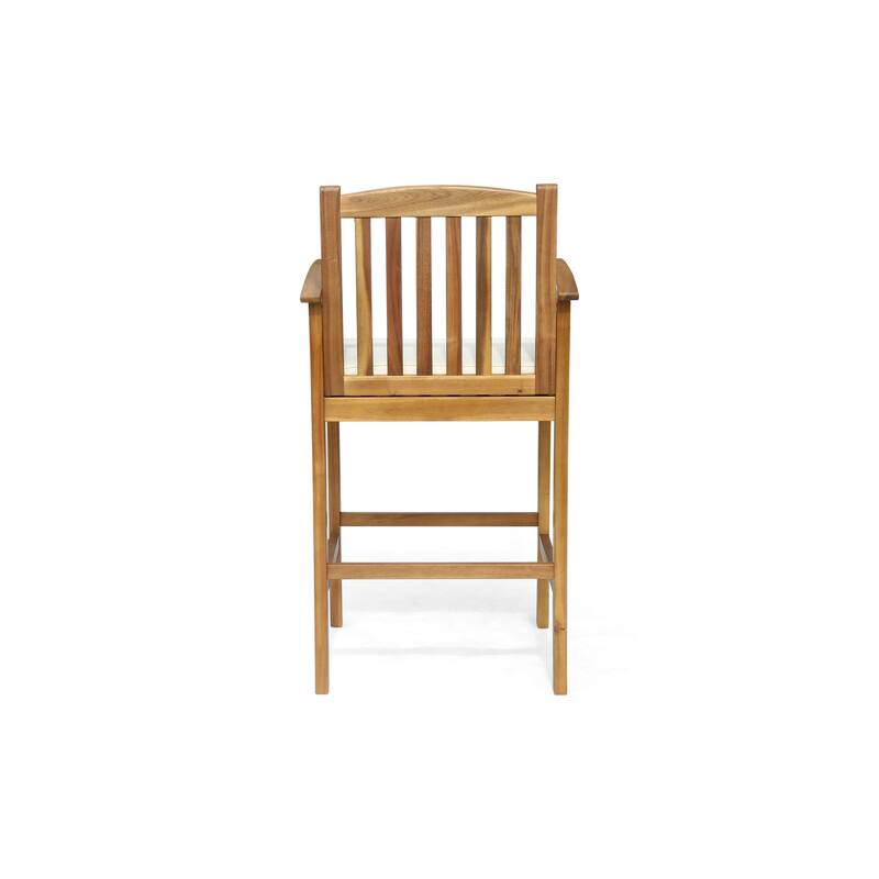 Roomfitters 2-Piece Outdoor Acacia Wood Bar Stools, Slat Back Patio High Dining Chairs with Cushions & Armrests, Beige+Natural
