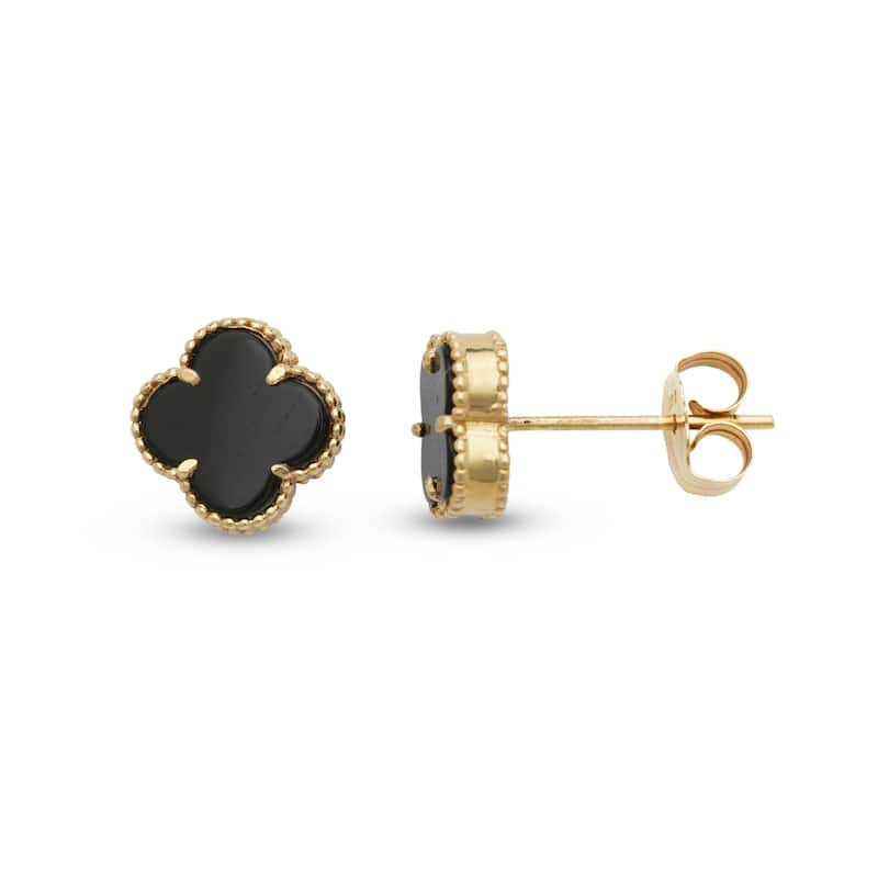 Curata Solid 14K Yellow Gold 10mm White Pearl, Black Onyx or Green Jade Clover Stud Earrings - Black Onyx