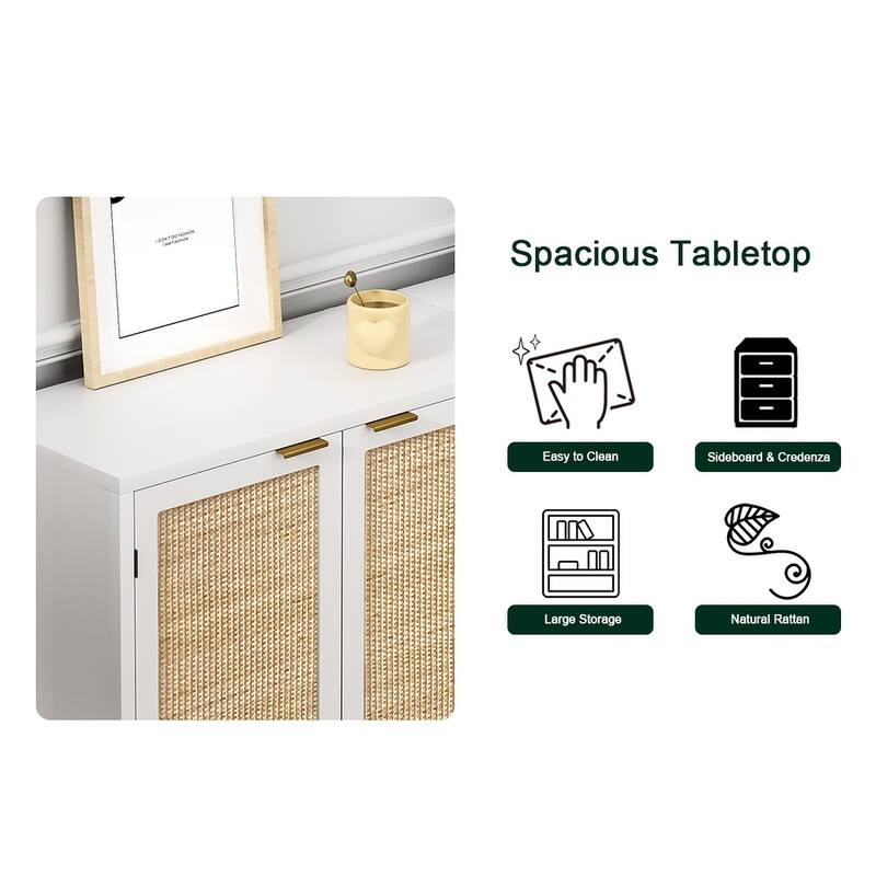 Modern 2-Door White Rattan Buffet Sideboard Wood Kitchen Accent Storage Cabinet