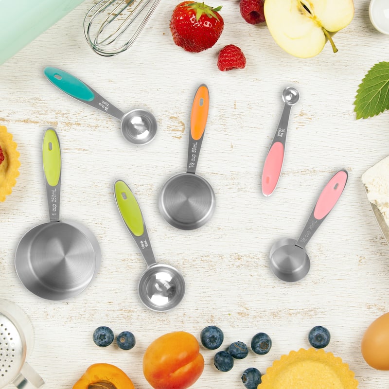 Classic Cuisine 10-Piece Measuring Cups and Spoons Set – Stainless-Steel with Colored Silicone Handles and Metal Ring Hanger