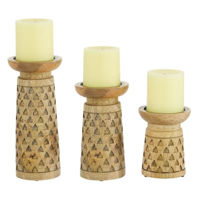 Wood Geometric Handmade Intricate Carved Pillar Candle Holder - Set of 3 Brown - Roche River Decor - 4"W x 4"L x 10"H
