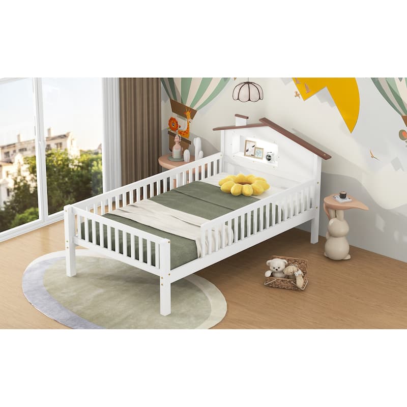 Wood Platform Bed with House-shaped Headboard, LED and Built-in Storage