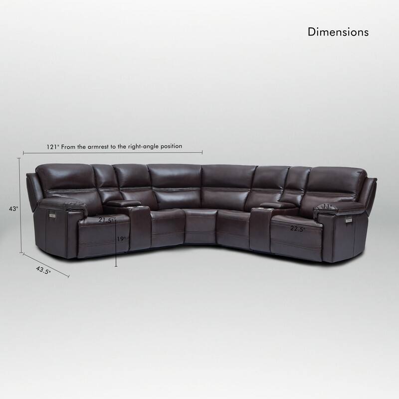 121" W Premium Genuine Leather Dual-Power Sectional Sofa with Console, Zero Gravity, Adjustable Headrest