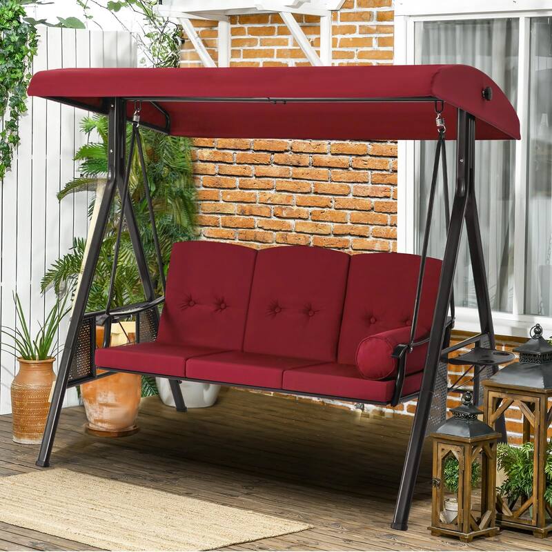 3-Seat Metal Patio Swing, Outdoor Porch Swing Glider with Cushions&Cup Holder