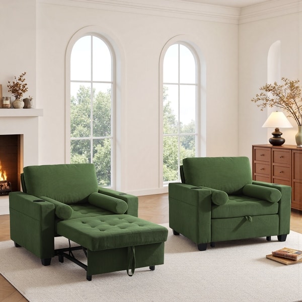 slide 2 of 13, 2 Set Convertible Adjustable Lounge 3-in-1 Pull-Out Sleeper Chair Bed Green